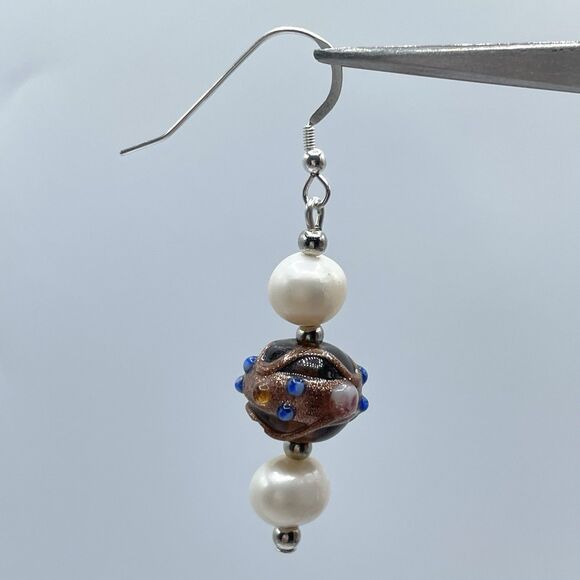 Artisan 925 Sterling Silver Vintage Murano Wedding Cake Pearls Dangle Earrings - Picture 2 of 7